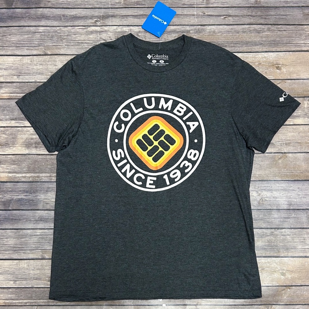 Columbia Dark Heather Grey Short Sleeve Orange Logo Graphic Print T Shirt Large